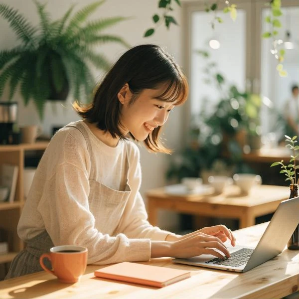 植物のある明るいカフェのカウンターで、ノートパソコンに向かってほほえむ若い女性の店主